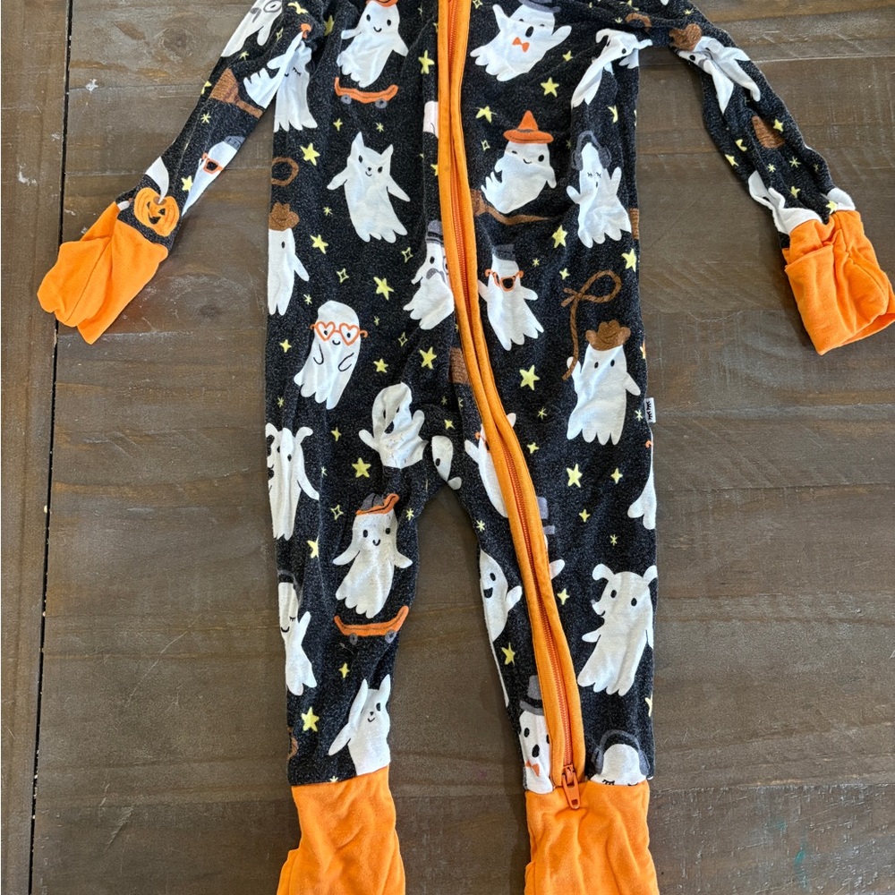 Little Sleepies Spooky Ghost Kids Footie (3-6 months)- Black and Orange/ Glow